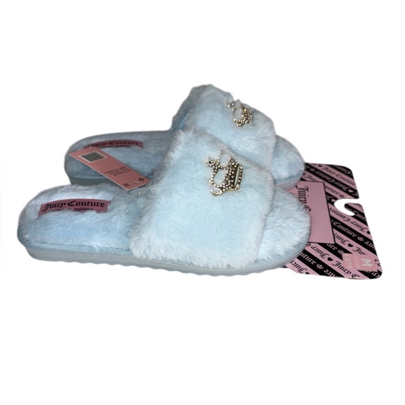 Juicy Couture Shoes - NWT Juicy Couture Slide Slippers Faux Fur Blue Silver Crown Women Size M 6.5-7.5